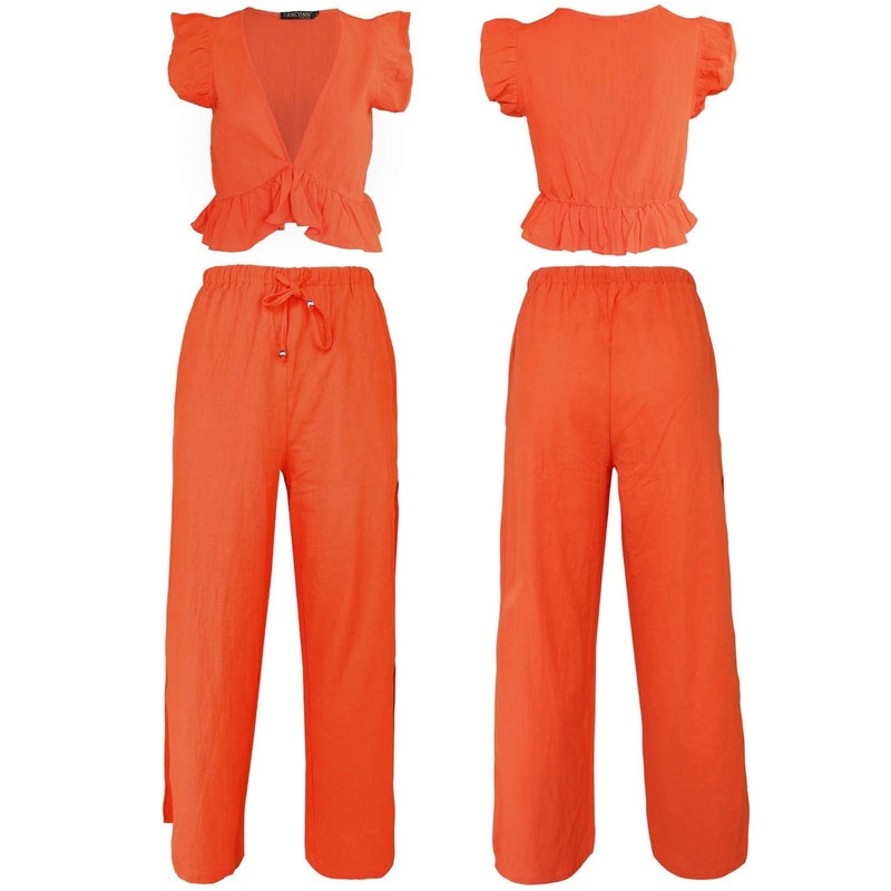 FANCYINN Womens 2 Pieces Crop Top Outfits Deep V Neck Side Slit Drawstring Wide Leg Pants Set Cute Jumpsuits Halloween Pumpkin Jackolantern Orange XS - Image 5
